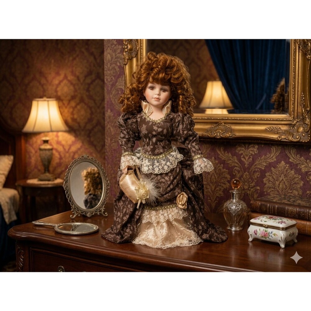 Vintage Collector's Choice Bisque Porcelain Doll – 18" Auburn Curls & Victorian